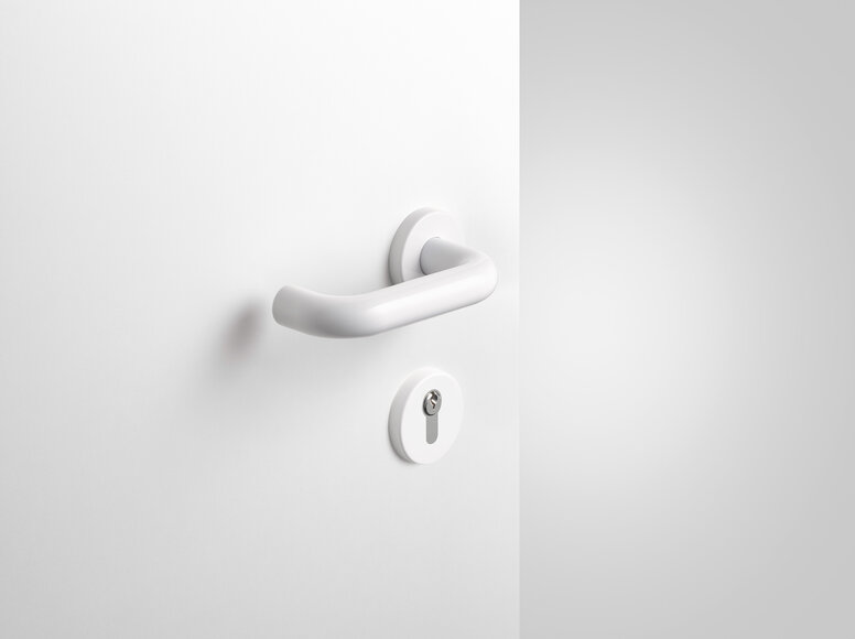 HEWI hendel signaal wit Krukgarnituur met sleutelrozet in de kleur signaalwit gemaakt van polyamide