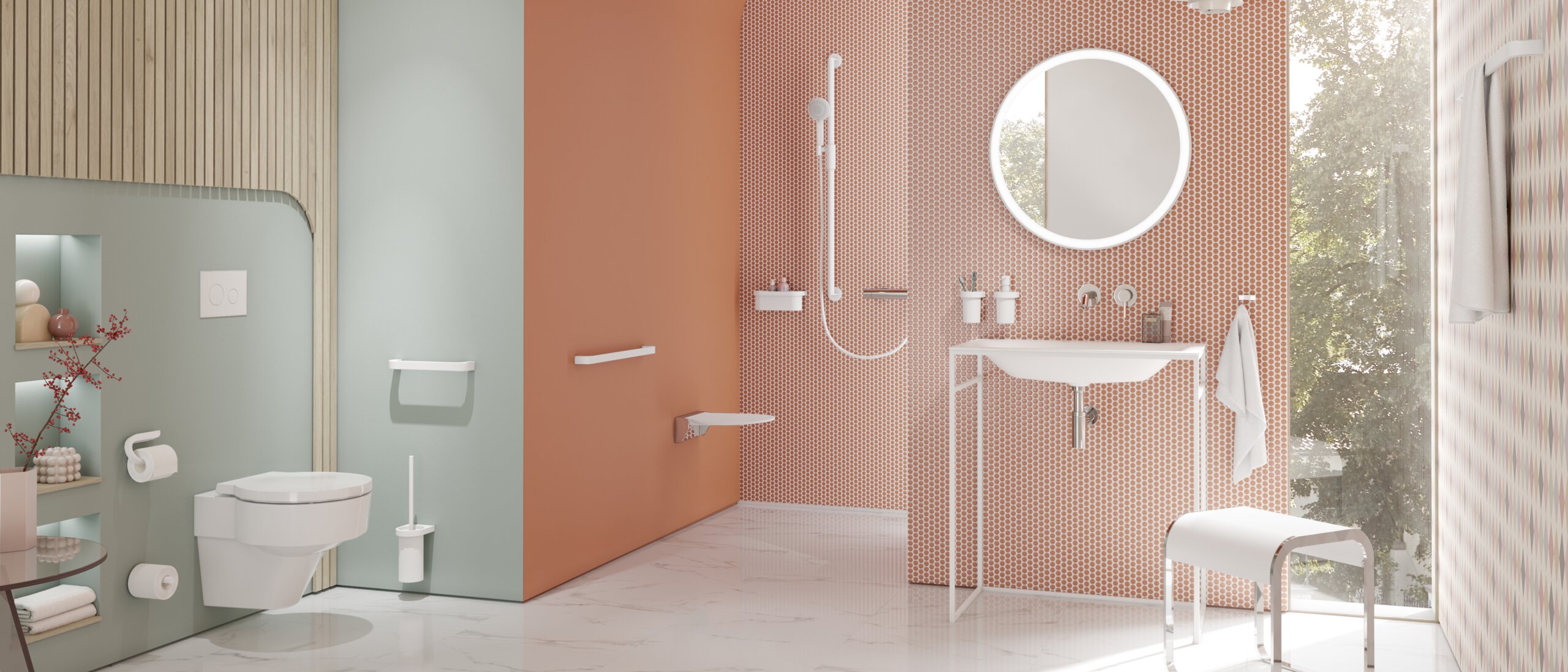 Moderne badkamer met wastafel, douche en toilet