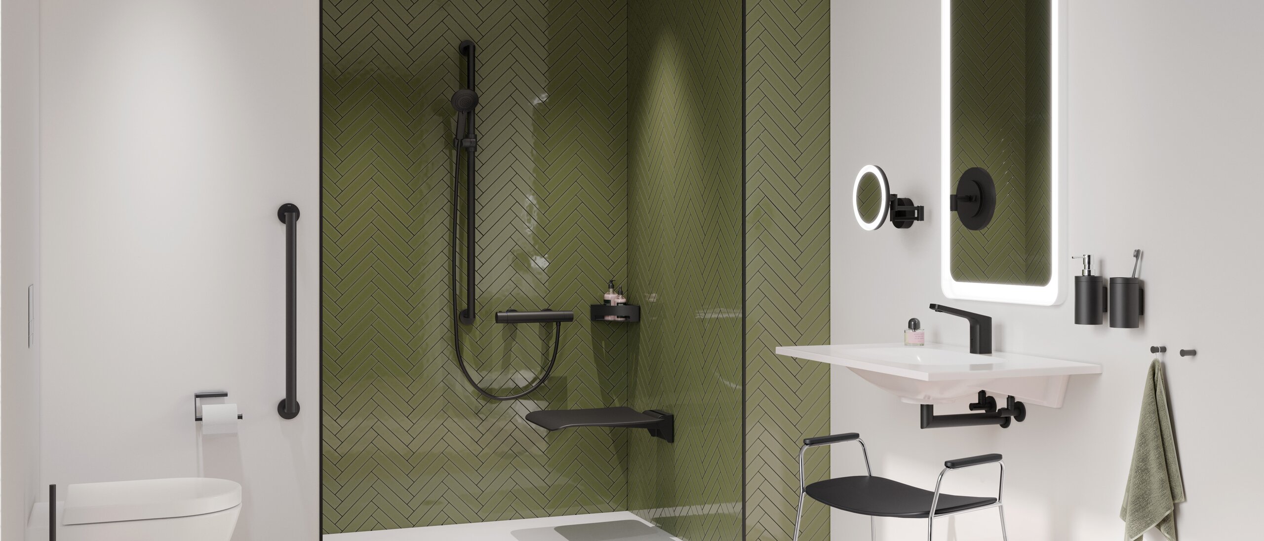 Badkamer met wastafel, douche en toilet