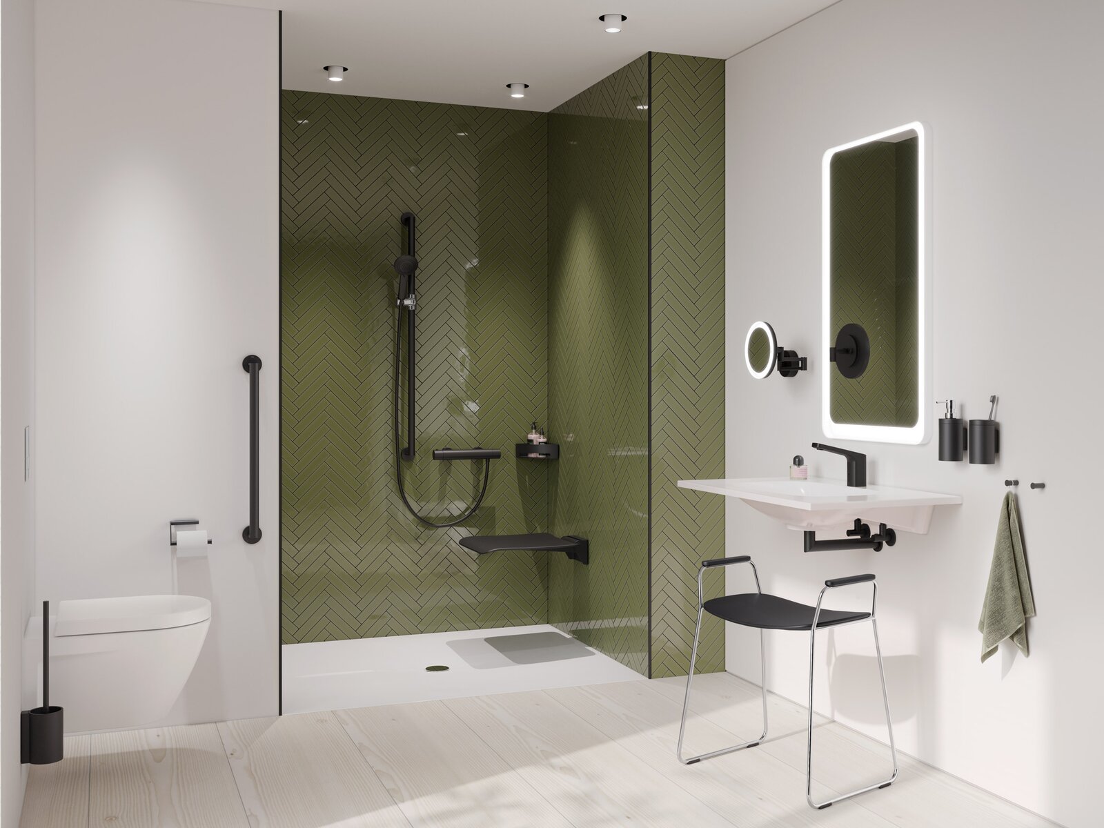 HEWI barrièrevrije badkamer Serie 900 Zwart mat Barrièrevrije badkamer met wastafel, douche en toilet