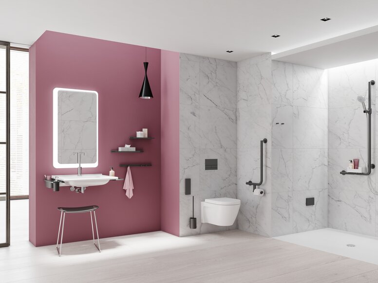 HEWI barrièrevrij badkamersysteem 900 Zwart mat Barrièrevrije badkamer met wastafel, douche en toilet met accessoires in mat zwart