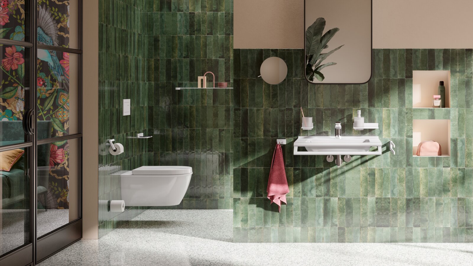 HEWI systeem 900 wit Badkamer met groene tegels, WC-ruimte, douchehoek en wastafel, uitgerust met witte sanitaire accessoires
