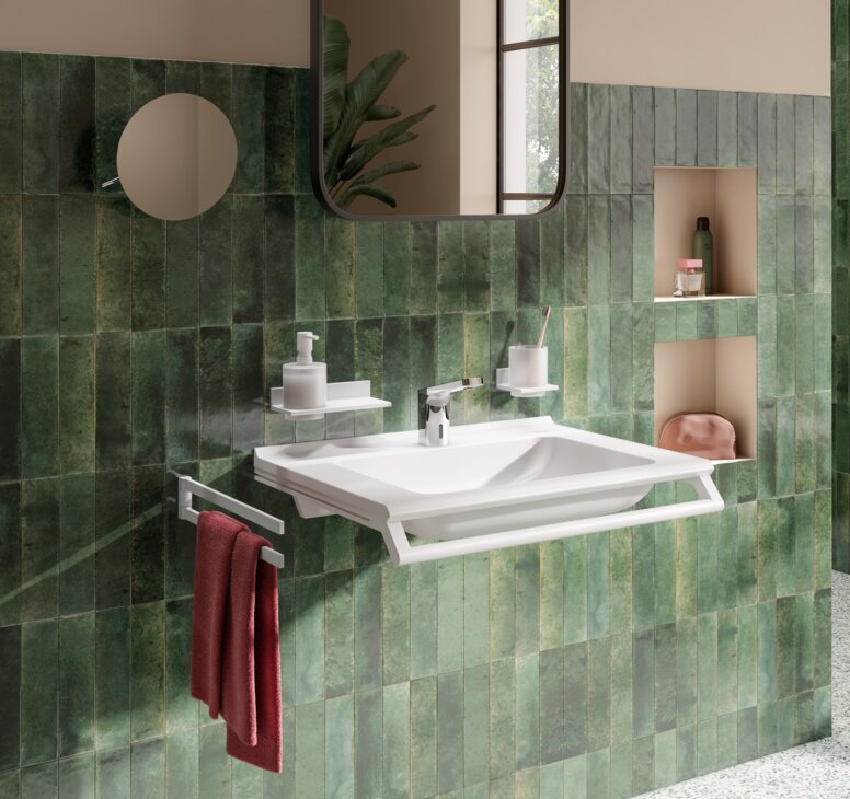 HEWI systeem 900Q Wastafelmeubel uitgerust met handdoekhouder en zeepdispenser in de kleur wit mat