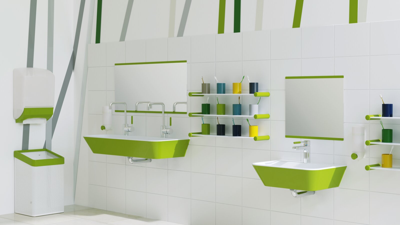 Kindvriendelijke HEWI wastafel groen Kindvriendelijke wastafel met groene accenten; twee wastafels op verschillende hoogtes naast kleurrijke tandenborstelhouders