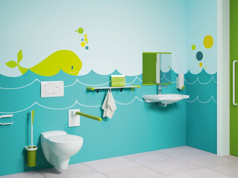 HEWI barrièrevrije badkamer voor kinderen Serie 800 K groen Barrièrevrije badkamer voor kinderen met toilet en wastafel in blauwgroen