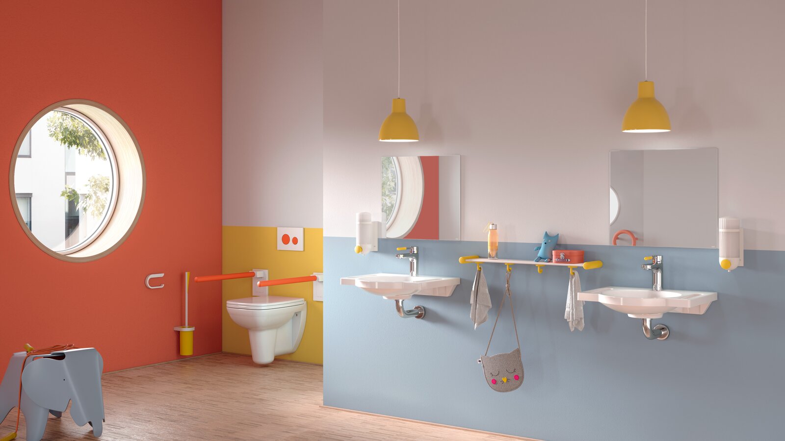 HEWI kleurrijke kinderbadkamerserie 477/801 Kleuterbadkamer met kleurrijk, kindvriendelijk sanitair