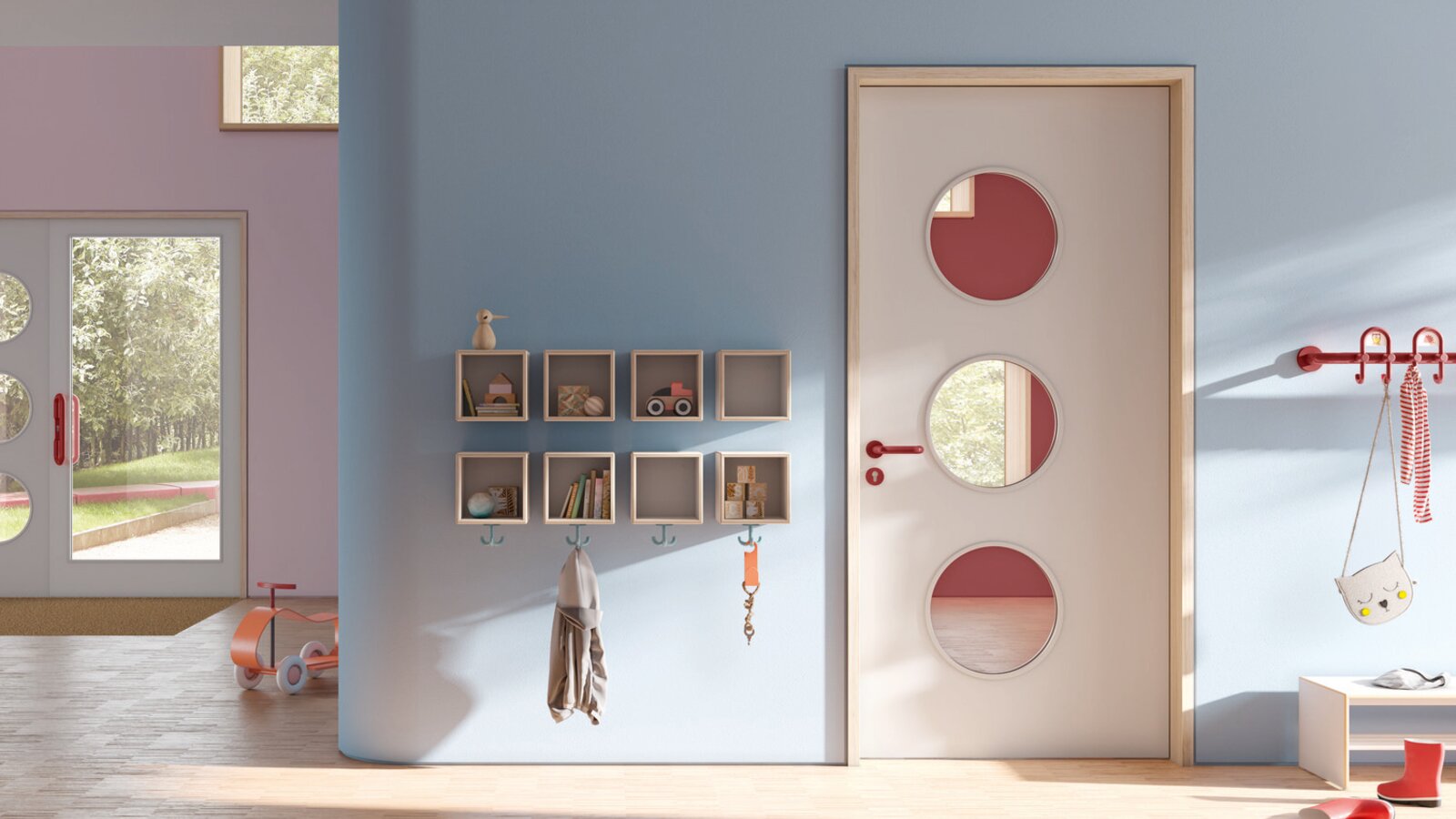 HEWI beslag, kledingkast en M20 kindermeubilair Kleurrijke kleuterschool uitgerust met HEWI inrichting, garderobe en meubilair