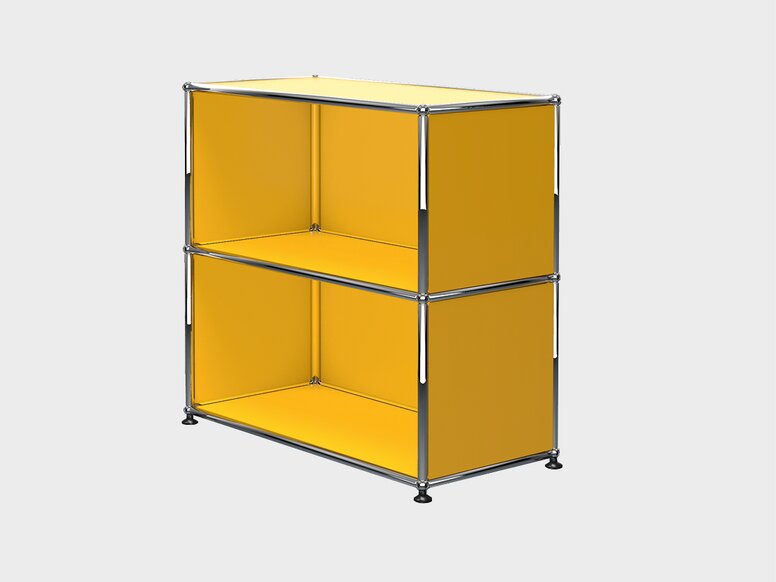 Ontwerp Origineel USM Open kast met twee compartimenten in geel en verchroomd frame
