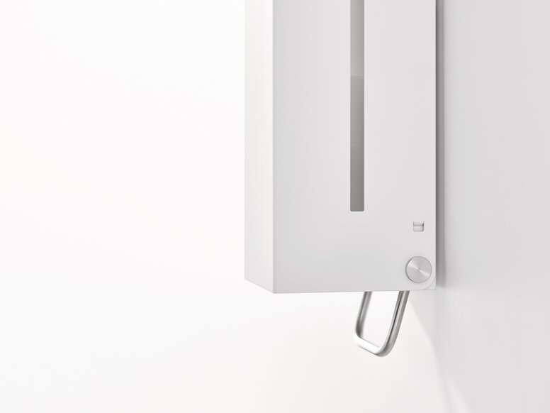 HEWI zeepdispenser wit mat Handmatige zeepdispenser met hoekig ontwerp in de kleur wit mat gemaakt van roestvrij staal