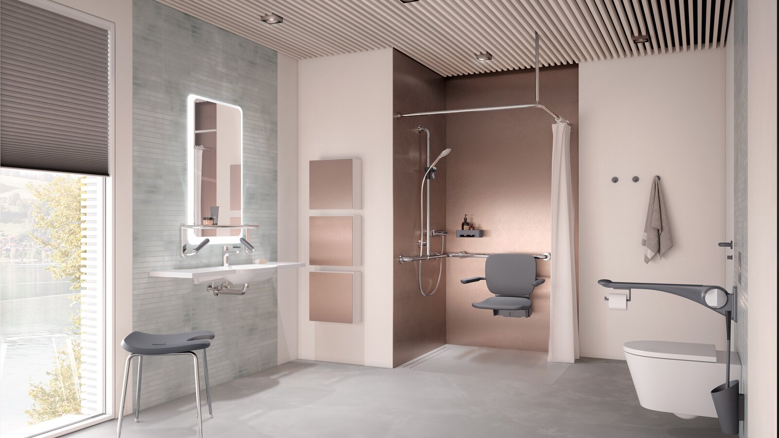Barrièrevrije zorgbadkamer HEWI liftsysteem antraciet mat Barrièrevrije zorgbadkamer met wastafel, douche en toilet