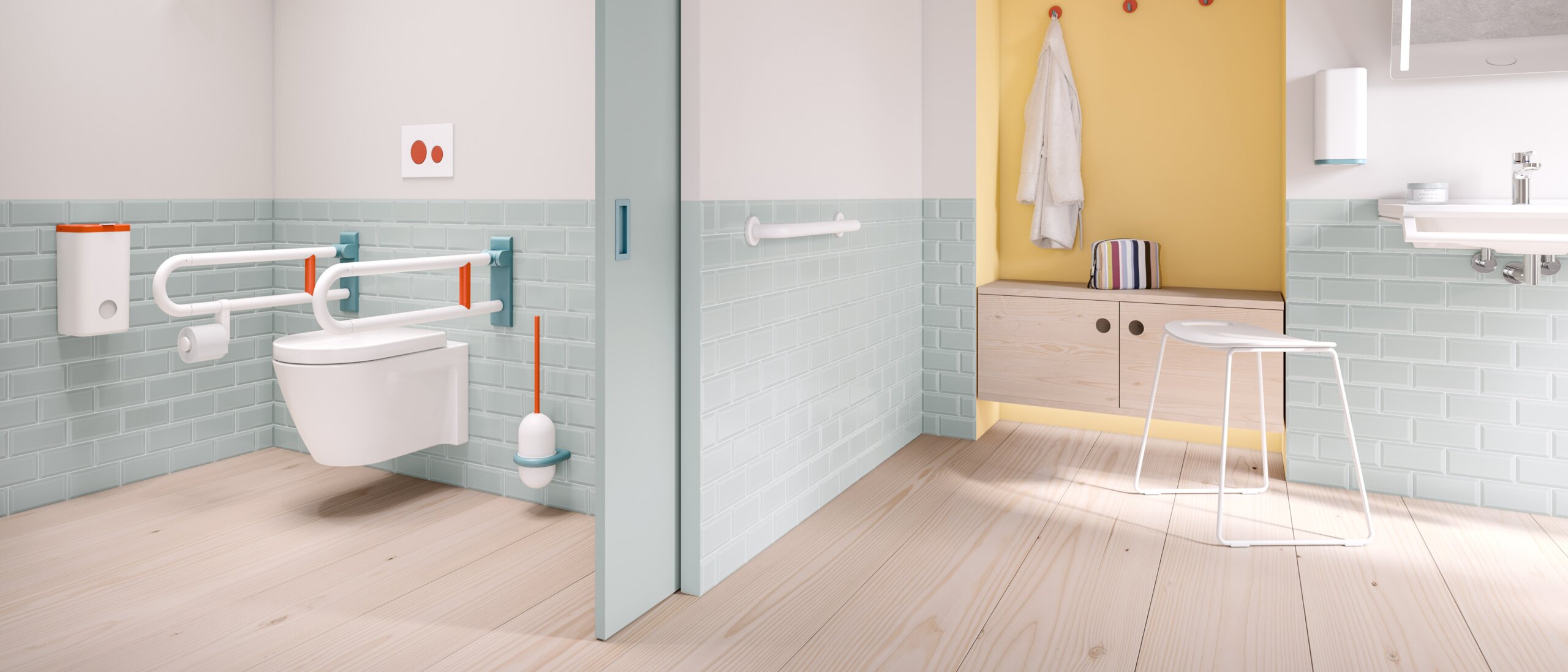 Barrier-free bathroom equipped with HEWI series 477/801 in the 3 ICONIC colours aqua blue, coral and white