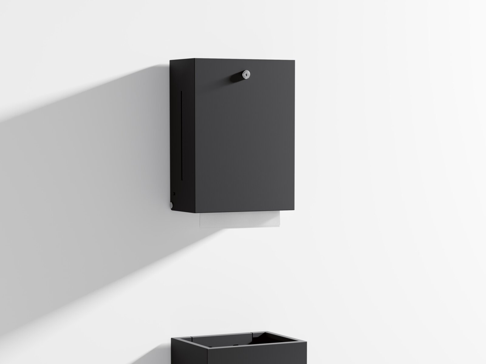 HEWI dispenser voor papieren handdoekjes en afvalbak in mat zwart Papieren handdoekdispenser en afvalbak met hoekig ontwerp in mat zwart roestvrij staal