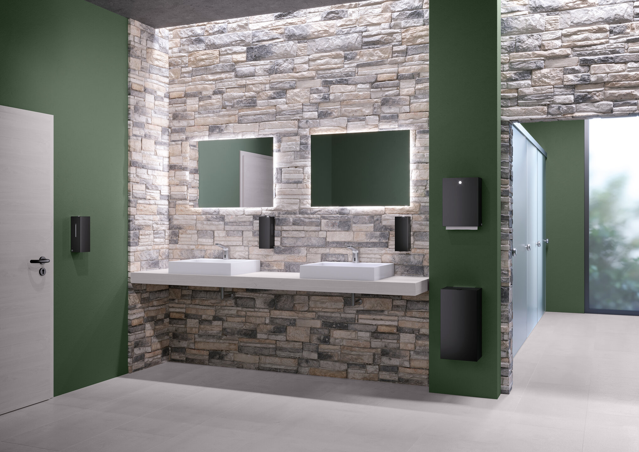 HEWI openbaar toilet zwart mat Openbaar toilet uitgerust met zeep-, desinfectie- en papieren handdoekdispensers in de kleur zwart mat