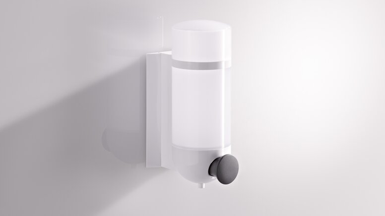 HEWI Zeepdispenser Serie 477/801 Signaal wit HEWI zeepdispenser met cilindrisch design in signaalwit van polyamide en drukknop in antraciet Serie 477/801